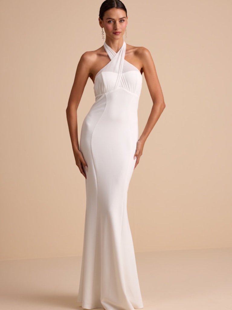 White Mixed Media Halter Mermaid Maxi Dress - Size Xl